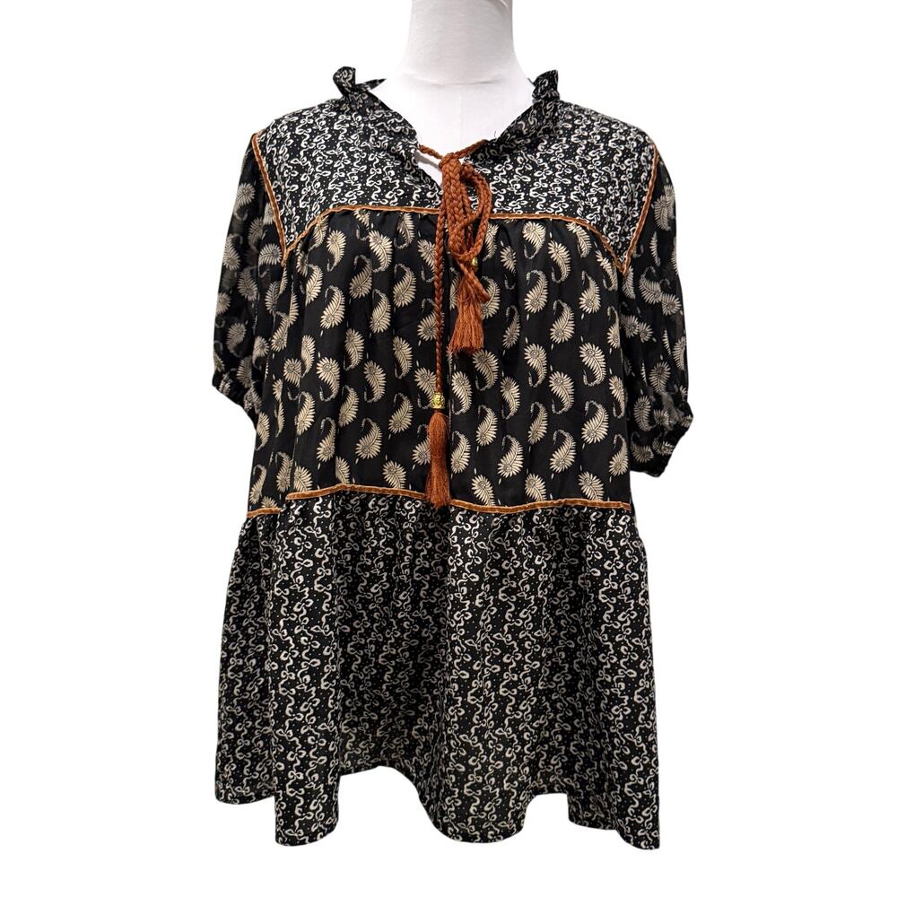 RAIN Black Paisley 2x Boho Tunic Blouse Tassel Tie Puff Short Sleeve Peasant